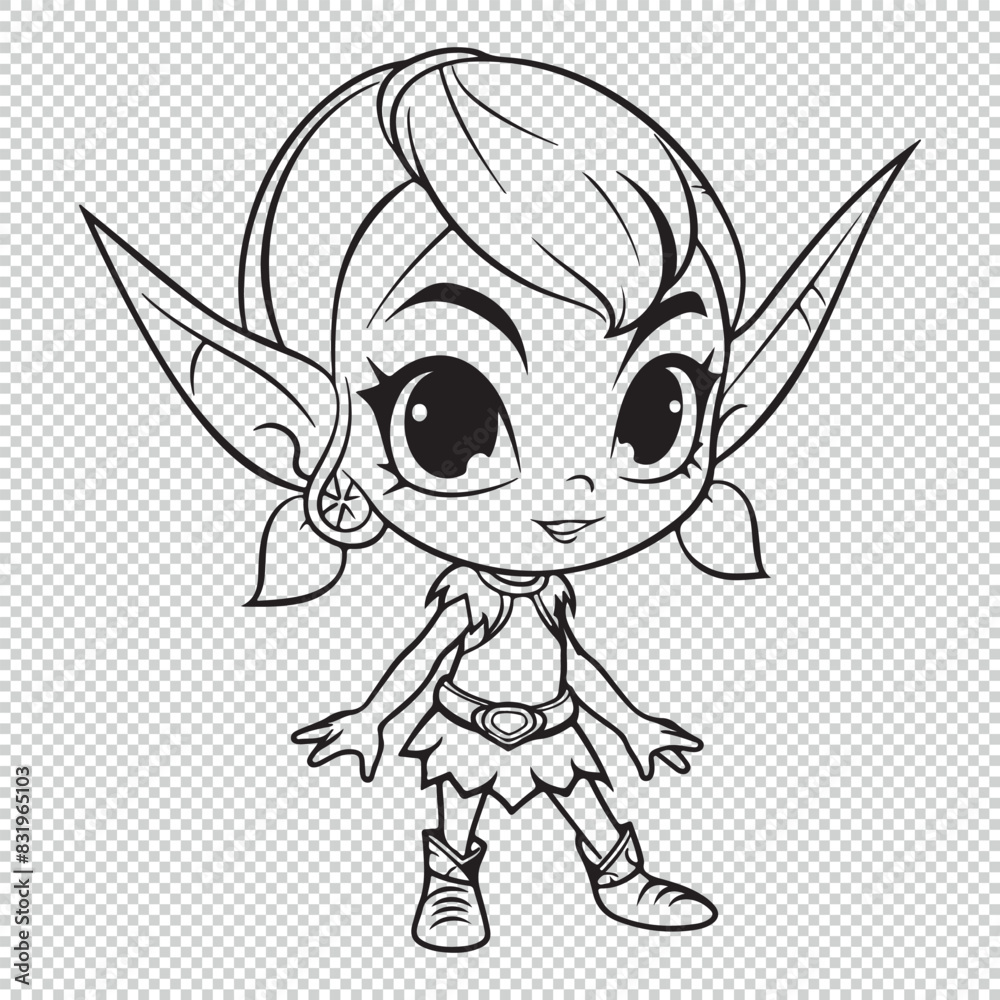 Cute elf cartoon character, black vector illustration on transparent background