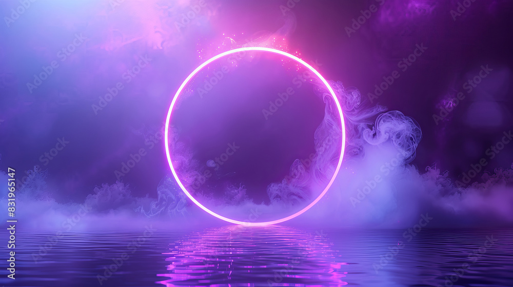 Neon circle frame on water surface with smoky background
