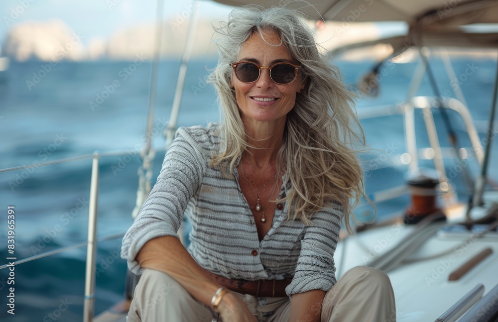 Stylish senior women smile as they sit on yachts, looking into the camera, wearing sunglasses, striped shirts and beige pants. Spring adventure concept for coastal cities.