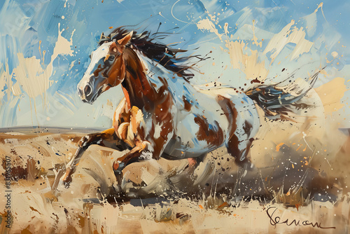 Dynamic oil painting of a galloping horse in abstract style photo