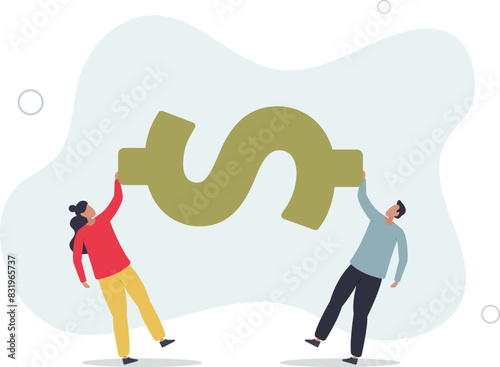 Fight for money, tug of war, business competition fight for market share or work conflict.flat vector illustration.