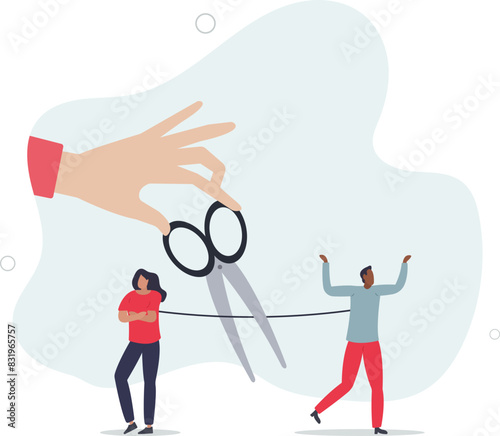 hand using scissors to cut rope to rip apart couple, troubles man and woman.flat vector illustration.