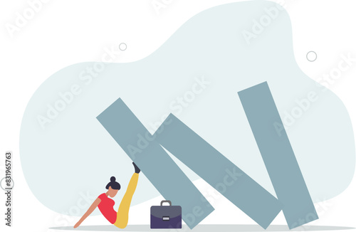 confident strong businesswoman push back falling dominos .flat vector illustration.