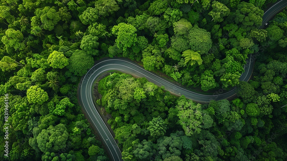 Aerial view green forest and asphalt road, Top view forest road going through forest with car adventure, Ecosystem ecology healthy environment road trip travel