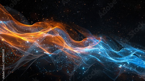 A long blue and orange wave of light with stars and a black background