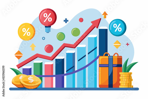 Graph with red rising arrow symbolizing inflation growth and contrasting elements surrounded by economic indicators in minimalist infographic style