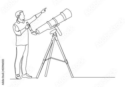 Continuous single one line sketch drawing of man look at telescope outer space science galaxy design concept vector illustration	
