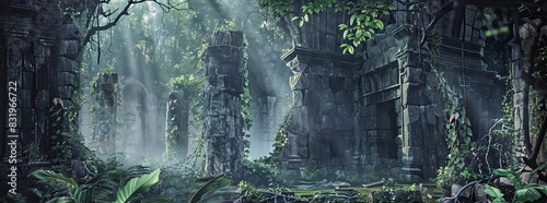 A mystical  ancient ruins background with overgrown vines and crumbling stones.