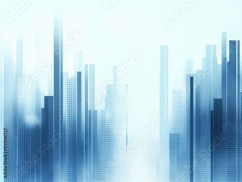A digital abstract of a cityscape in shades of blue, featuring tall, geometric buildings with a misty, ethereal atmosphere.