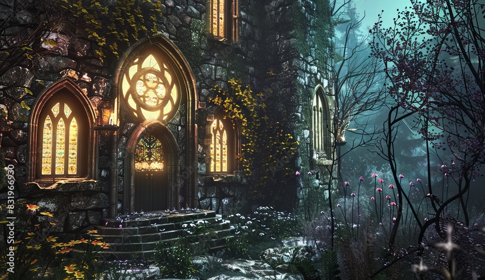 A mystical, enchanted castle background with glowing windows and magical elements.