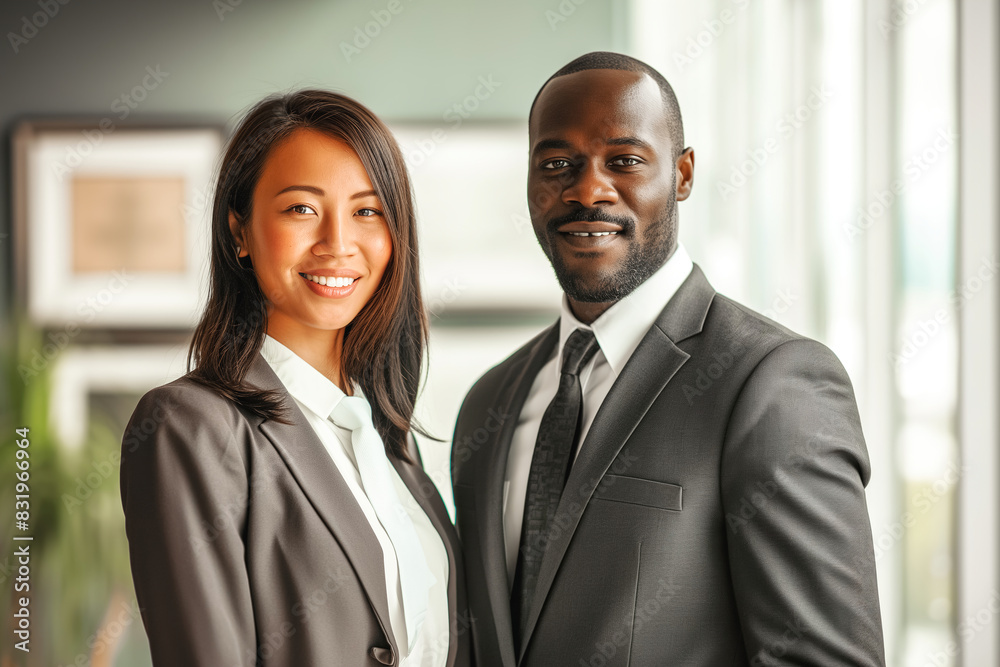 Smiling business man and woman of different races indoors Smiling business man and woman of different races indoors