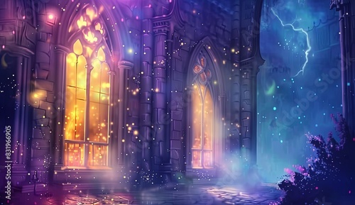 A mystical  enchanted castle background with glowing windows and magical elements.