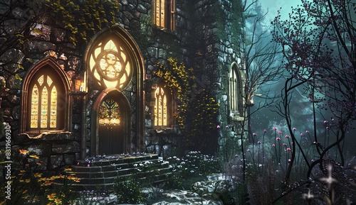 A mystical  enchanted castle background with glowing windows and magical elements.