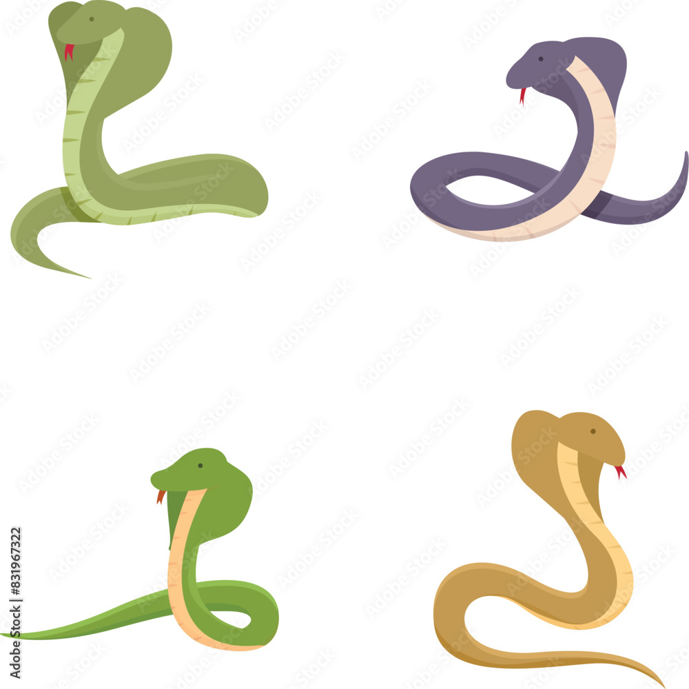Obraz premium King cobra icons set cartoon vector. Cobra snake cartoon mascot character. Animal, reptile