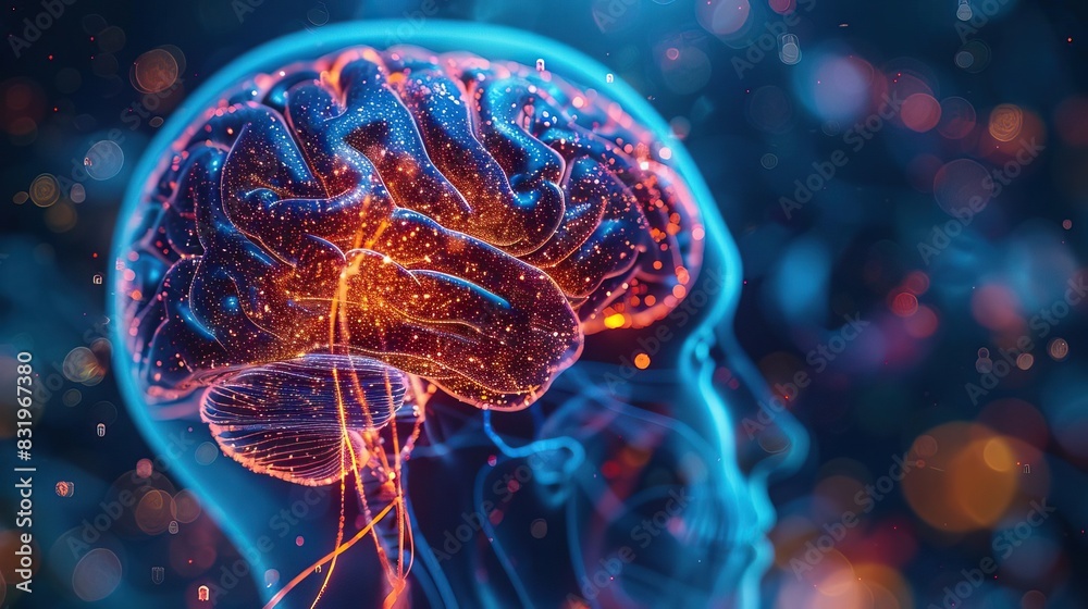 Obraz premium Closeup view of a human brain highlighting pain or headache, featuring intricate details and bright hues highlighting the complexity and function of the brain during headache or pain