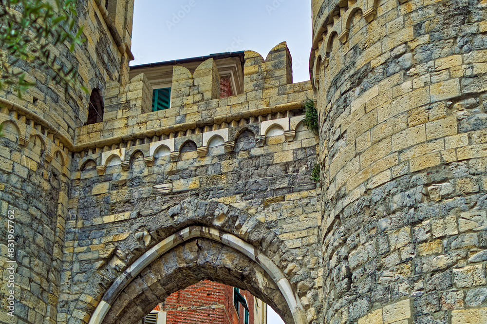 Remains of medieval city walls in Genoa, Italy.