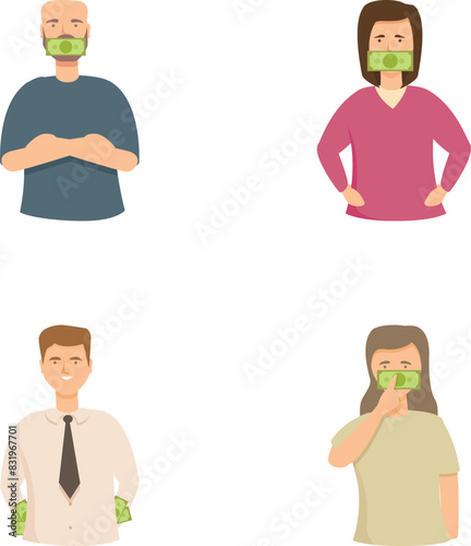 Lobbyist icons set cartoon vector. Financial influence on legislator action. Politics, law