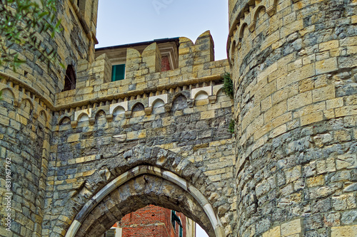 Remains of medieval city walls in Genoa, Italy.