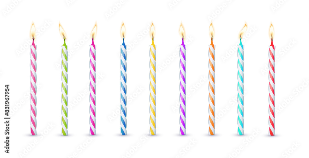 © YURII - 3d realistic colorful candles for birthday cake. Holiday candles with burning flames candlelight on wicks, celebration objects. Vector © YURII - 3d realistic colorful candles for birthday cake. Holiday candles with burning flames candlelight on wicks, celebration objects. Vector