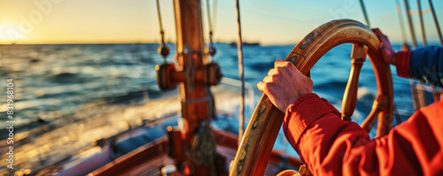 Captain with hands on the ship rudder steering the boat. With copy space and sea background. photo