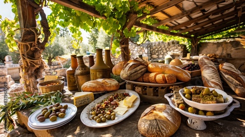 An ancient Roman marketplace with bread, olives, wine, and cheese under a vine-draped pergola, exudes charm. photo