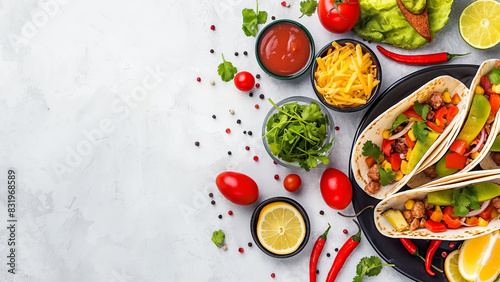 Mexican food creative background for menu and restaurant. Typical latin dishes in Mexico. Tortilla, burrito, chilli con carne, chilli, pepper, tomatoes, and tomato sauce. Food menu, copy space design.