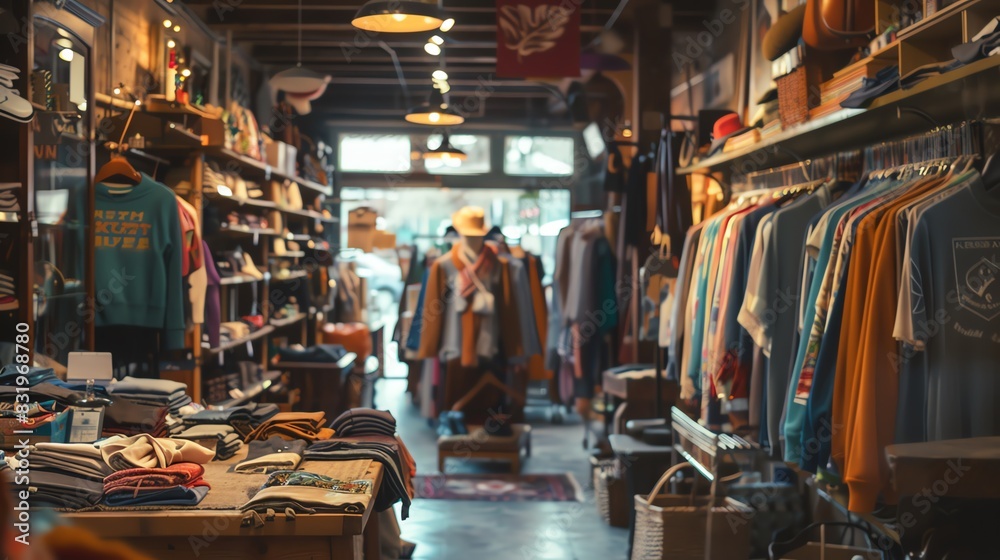 A bustling thrift store interior showcasing a diverse array of vintage clothes and accessories, with warm wooden shelving and a cozy ambiance