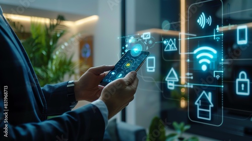 A business executive interacts with a digital interface on a smartphone, managing smart home technology that includes security and automation features
