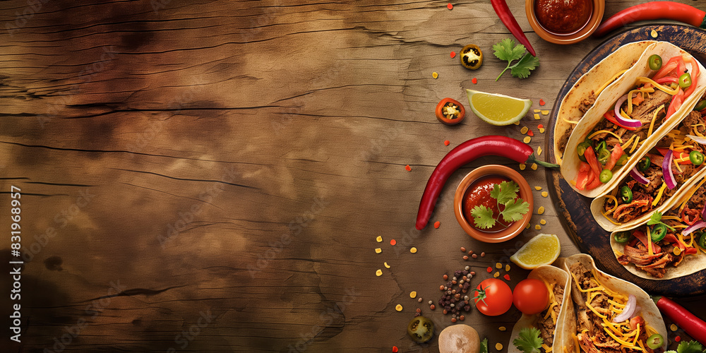 Mexican food creative background for menu and restaurant. Typical latin dishes in Mexico. Tortilla, burrito, chilli con carne, chilli, pepper, tomatoes, and tomato sauce. Food menu, copy space design. Mexican food creative background for menu and restaurant. Typical latin dishes in Mexico. Tortilla, burrito, chilli con carne, chilli, pepper, tomatoes, and tomato sauce. Food menu, copy space design.
