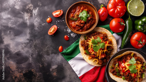 Mexican food creative background for menu and restaurant. Typical latin dishes in Mexico. Tortilla, burrito, chilli con carne, chilli, pepper, tomatoes, and tomato sauce. Food menu, copy space design.