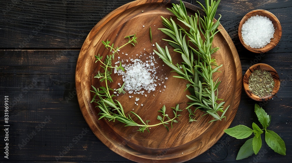 Round wooden plate with herbs and salt on dark wooden background top view Round wooden plate with herbs and salt on dark wooden background top view