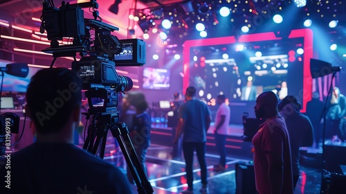 Crew members are captured in action on the bustling set of a live television production, surrounded by professional cameras and lighting photo