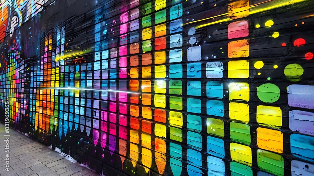 A graffiti mural with an abstract representation of sound equalizer bars A graffiti mural with an abstract representation of sound equalizer bars