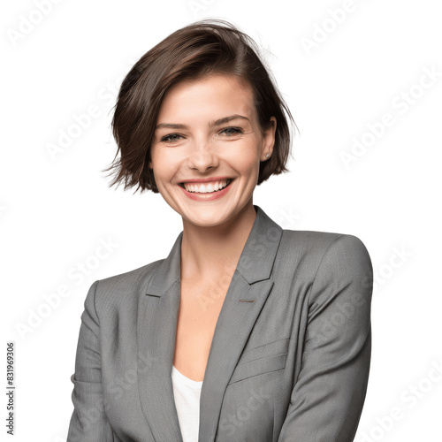 portrait of a smiling businesswoman short hair in grey suit isolated on transparent background