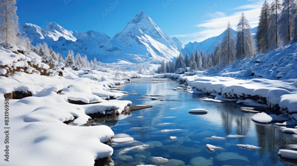 Breathtaking alpine winter landscape showcasing a river flowing through snow-laden banks against a mountain background