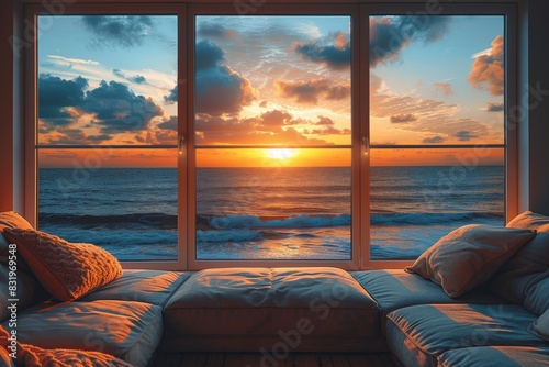 Scenic ocean sunset view through large windows in a cozy living room, creating a serene and romantic atmosphere