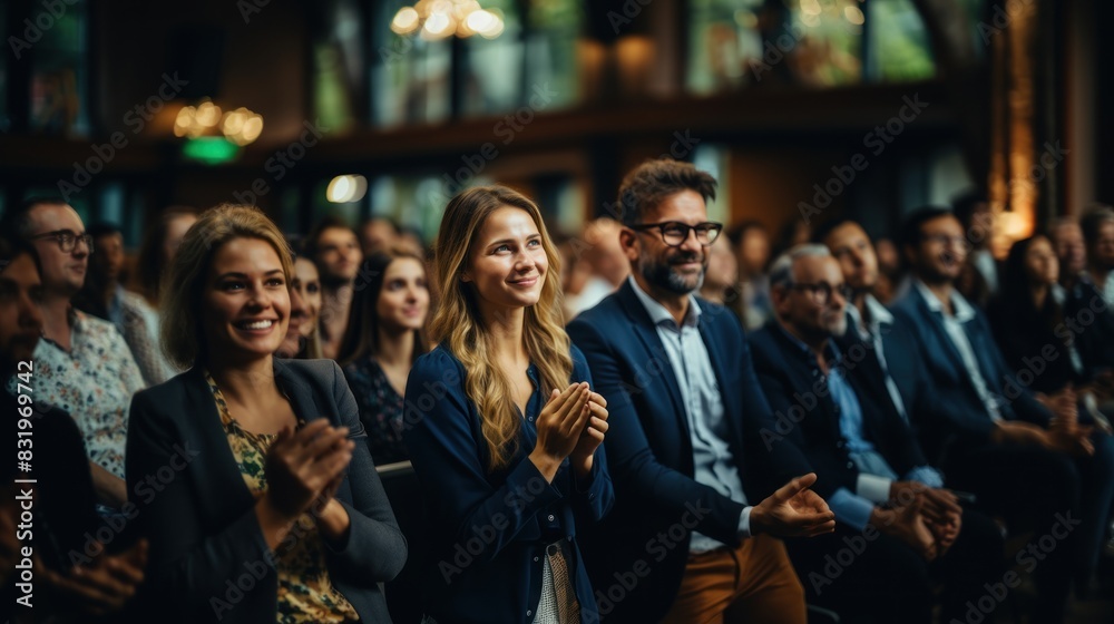 Engaged and positive audience members applauding during a professional event or conference Engaged and positive audience members applauding during a professional event or conference