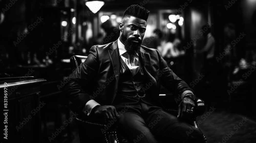 Stylish man in a suit sitting with a confident pose in a monochrome scene