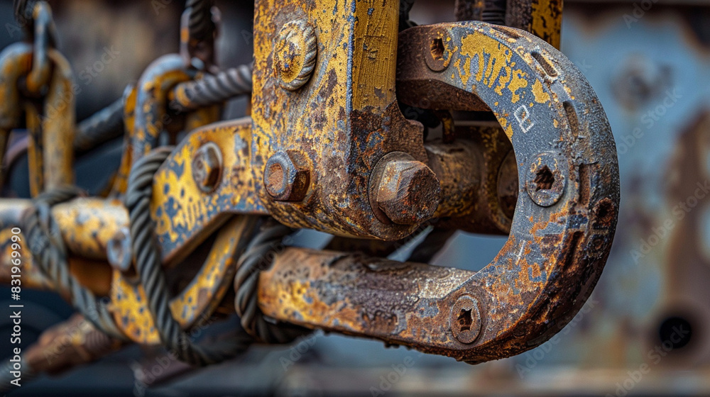 A detailed shot of a crane hook, focusing on the metal, pulleys, and cables. A detailed shot of a crane hook, focusing on the metal, pulleys, and cables.