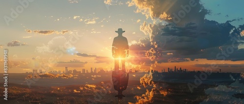 A silhouette of a cowboy standing against a stunning sunset, blending cityscape and nature, symbolizing duality and contrast.