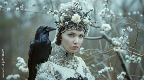 A woman wearing a black dress and a crown stands next to a black crow