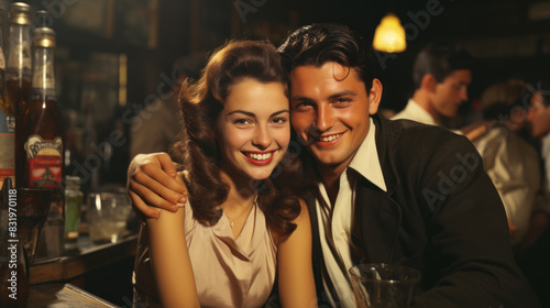 Romantic vintage-styled image of a handsome couple in a bar with period-appropriate attire and setting