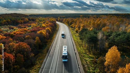 Three white buses traveling on the asphalt highway between deciduous forest in autumn colors under the radiant sun and dramatic clouds. View from above