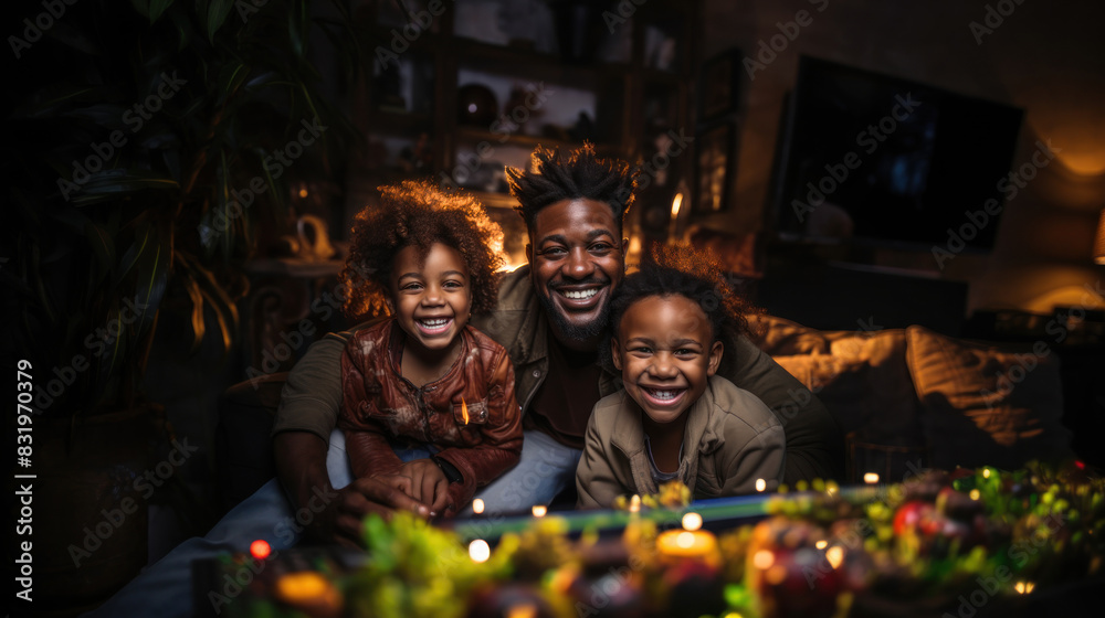 A joyous family moment captured as they engage in a playful board game night together, surrounded by soft ambient lighting