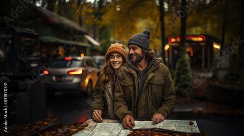 Affectionate couple bundled up in fall attire smiling while looking at a map in a city during autumn