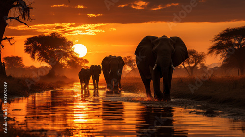 A herd of elephants walks through water against an African sunset, with acacia trees