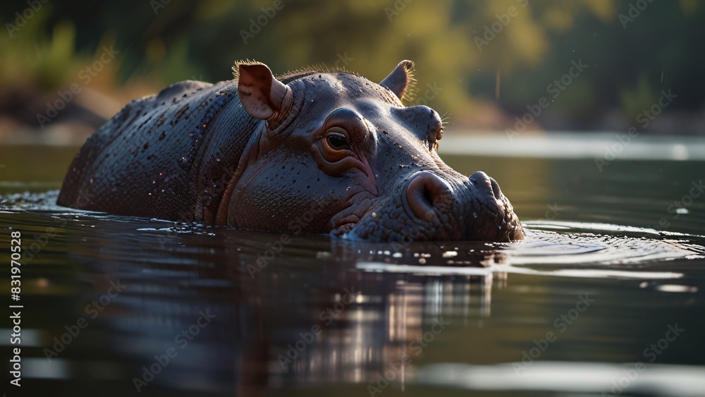 Fototapeta premium closeup wild hippo when swim in nature