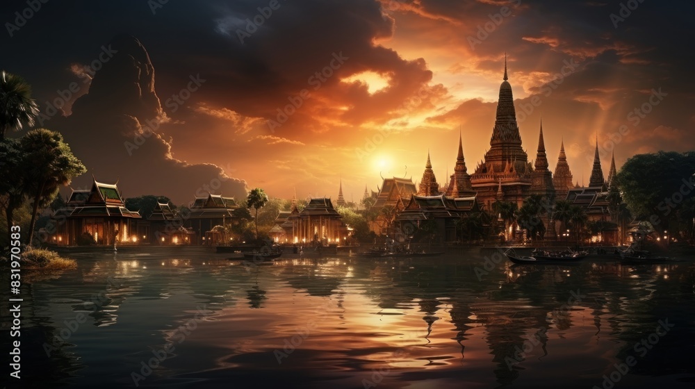 Naklejka premium Magnificent view of a historical temple complex reflecting in water, with a dramatic sunset backdrop