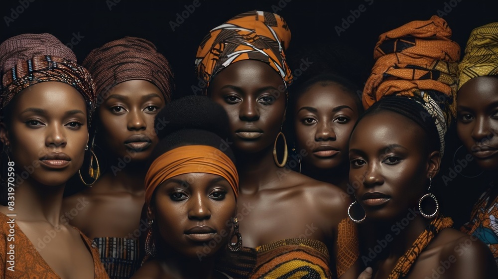 A serene group portrait of African women showcases their beauty and cultural heritage with traditional head wraps A serene group portrait of African women showcases their beauty and cultural heritage with traditional head wraps