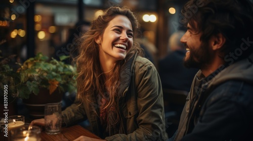 A couple shares laughter and closeness in a dimly lit cozy cafe setting  embodying the essence of connection